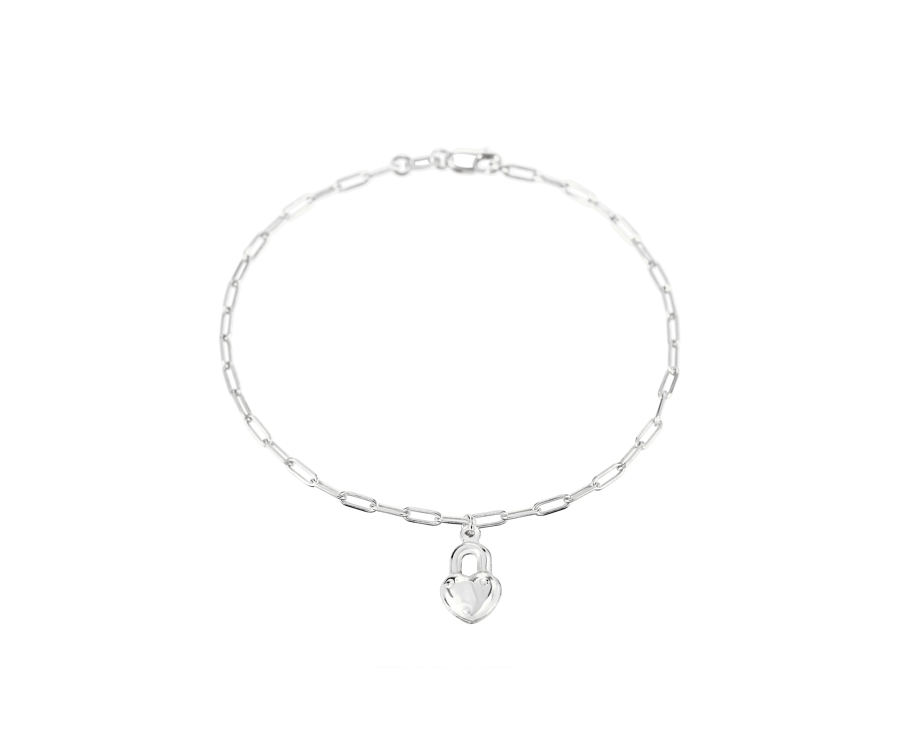 Silver Plated Heart Charm Paperclip Bracelet