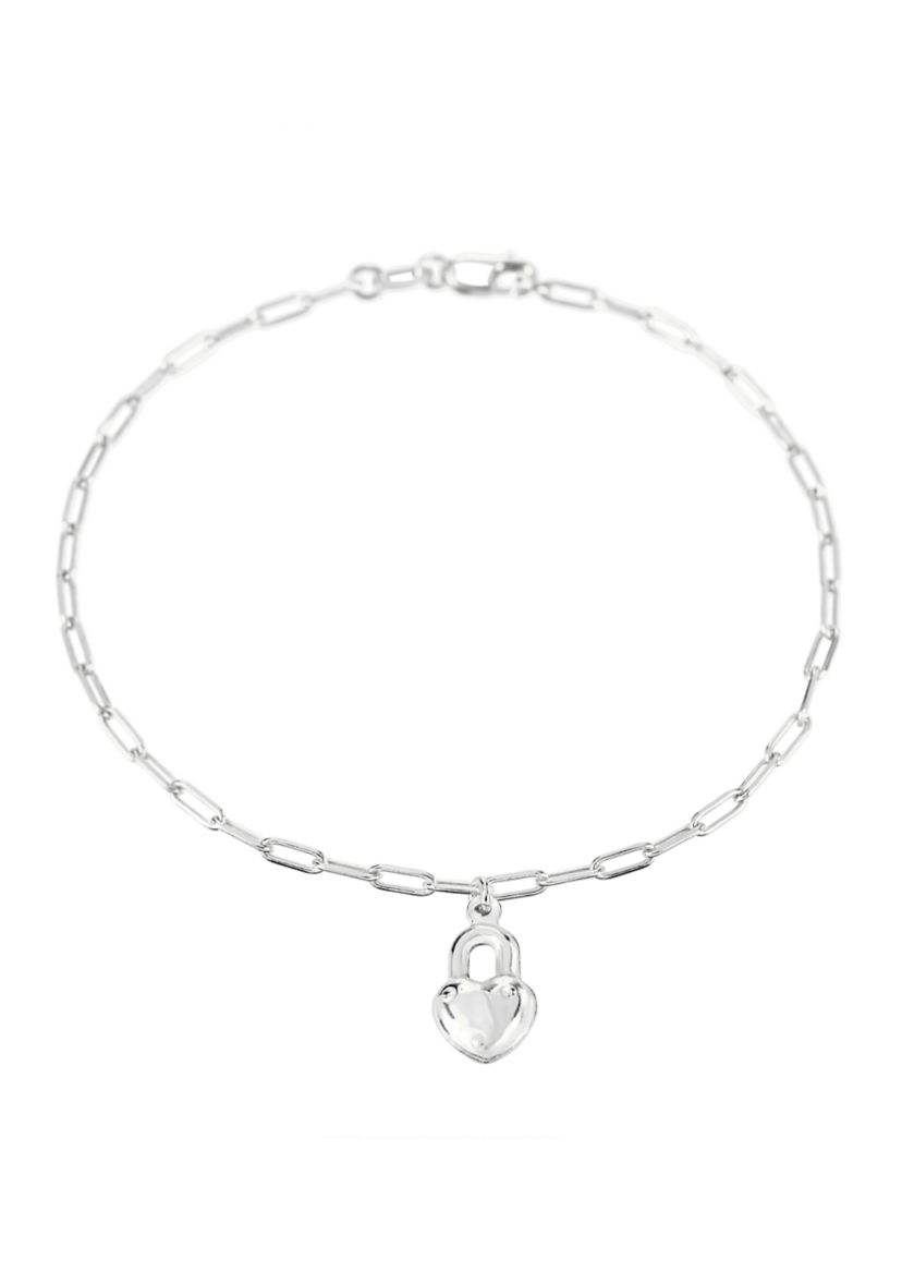 Silver Plated Heart Charm Paperclip Bracelet