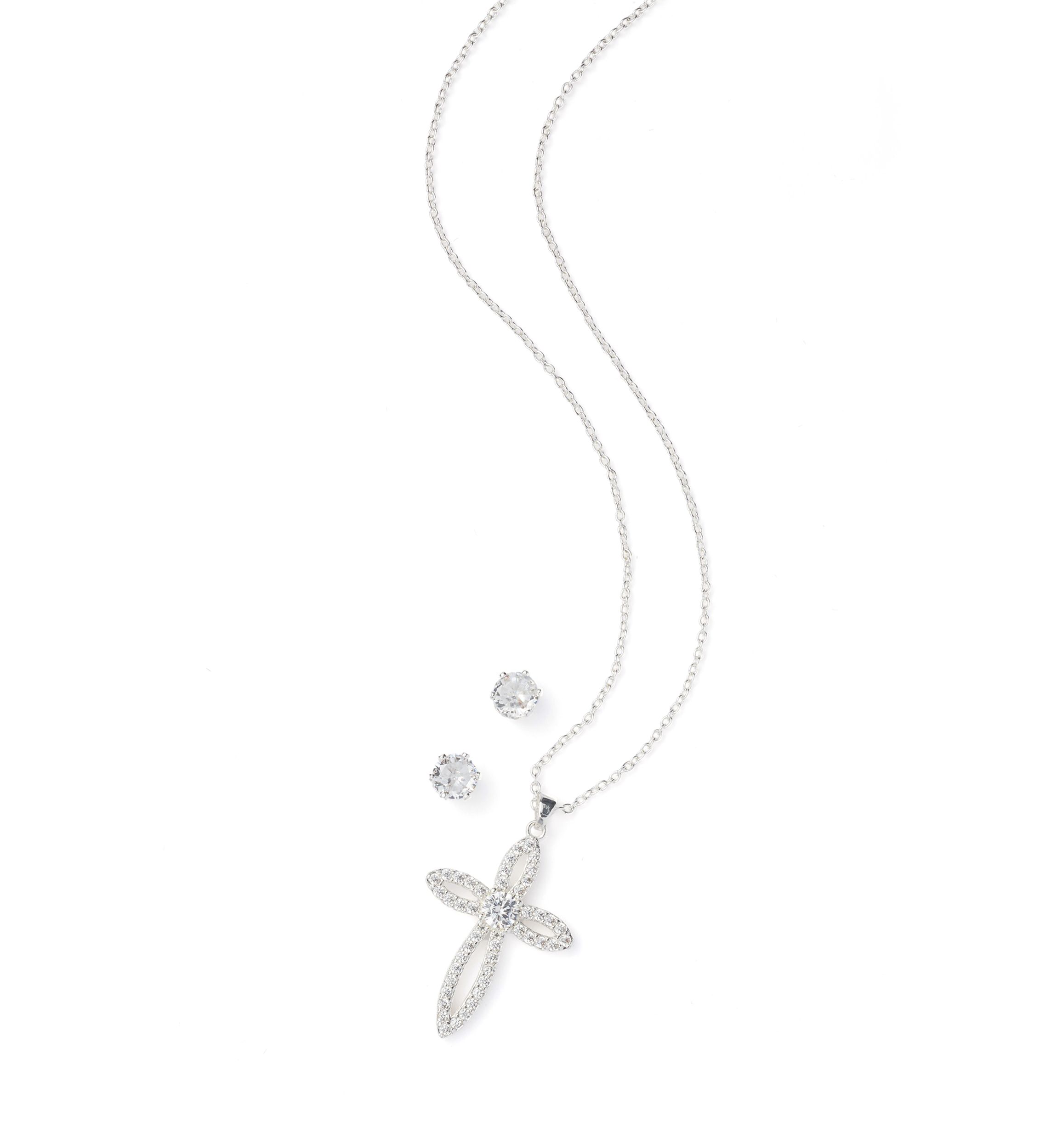 Silver Tone Cross Pendant Necklace and Earrings Set