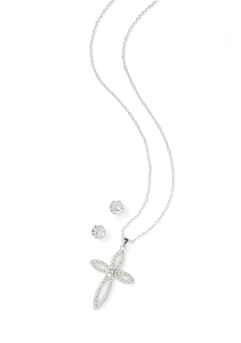 Silver Tone Cross Pendant Necklace and Earrings Set