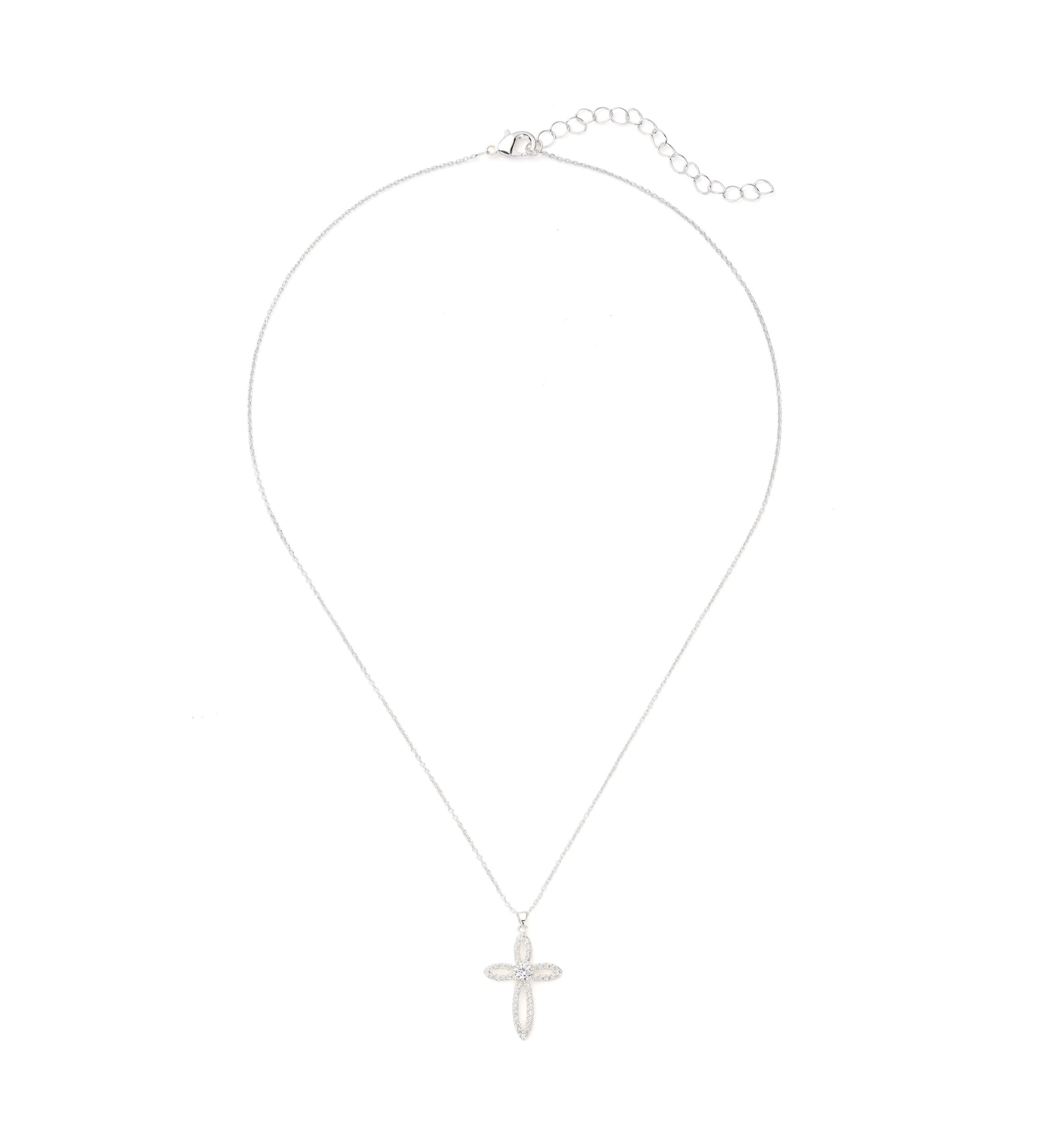 Silver Tone Cross Pendant Necklace and Earrings Set