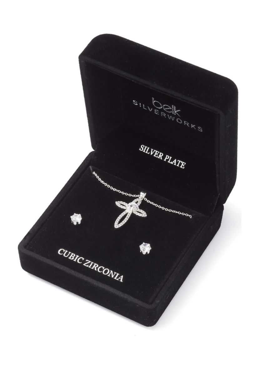 Silver Tone Cross Pendant Necklace and Earrings Set