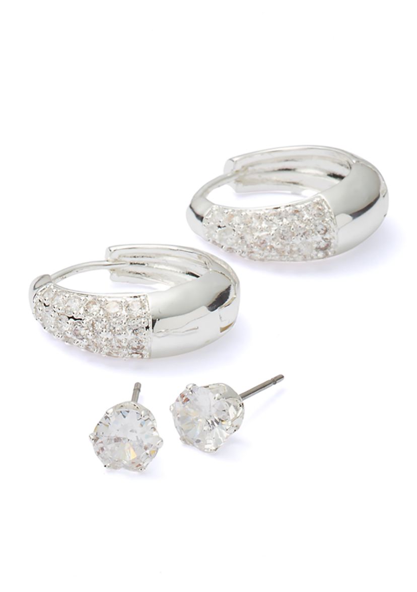 Silver Plated Hoop and Stud Earrings Set