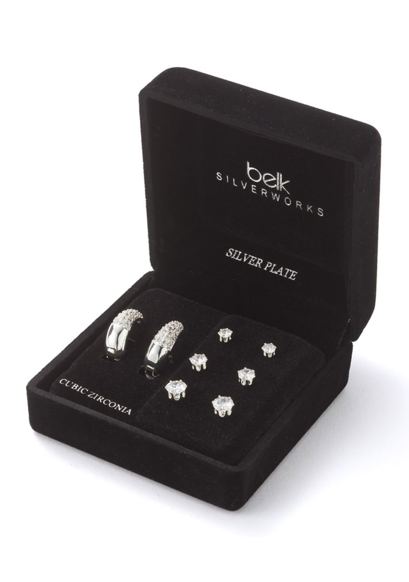 Silver Plated Hoop and Stud Earrings Set