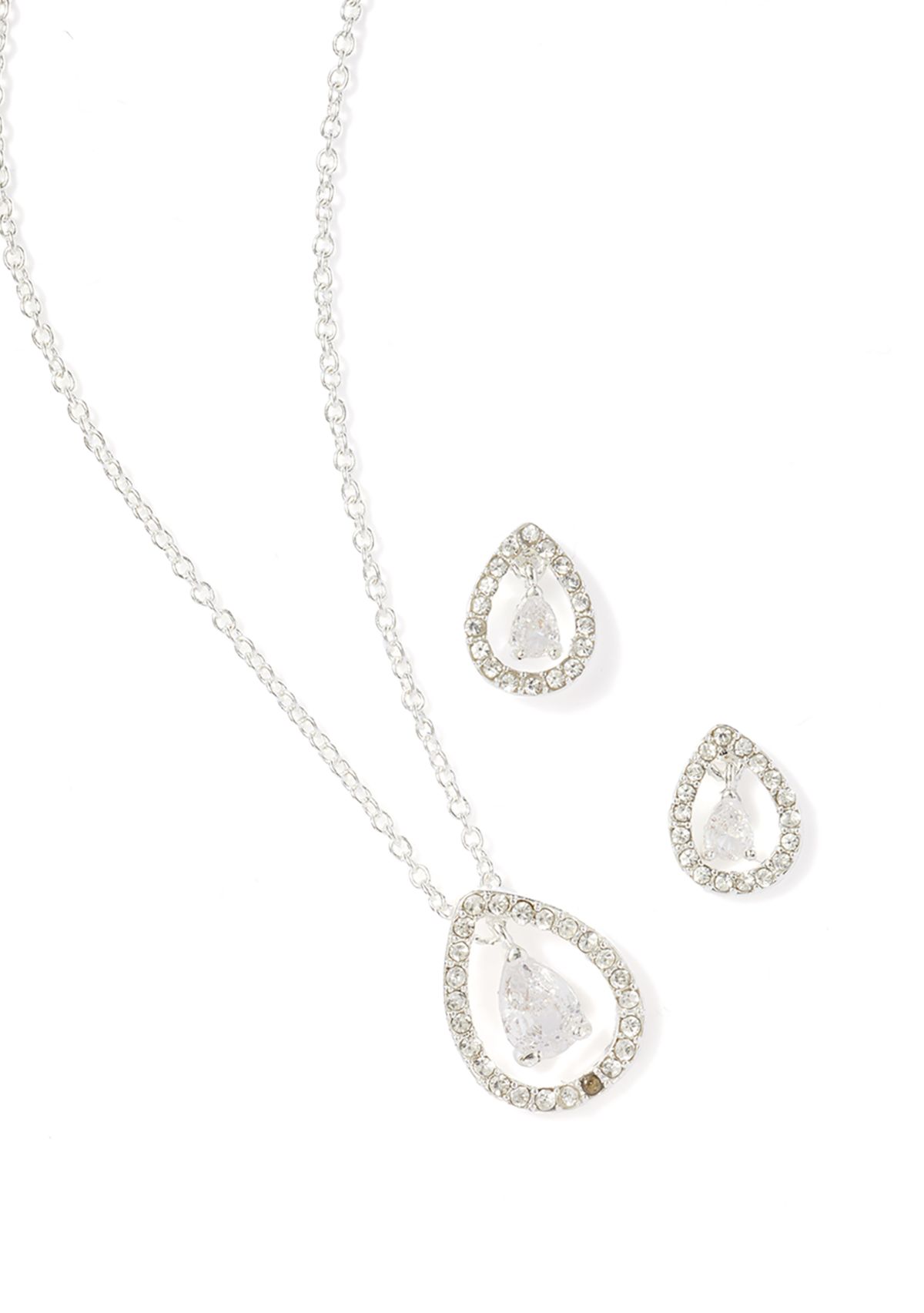 Silver Plated Oval Drop Pendant Necklace and Earrings Set