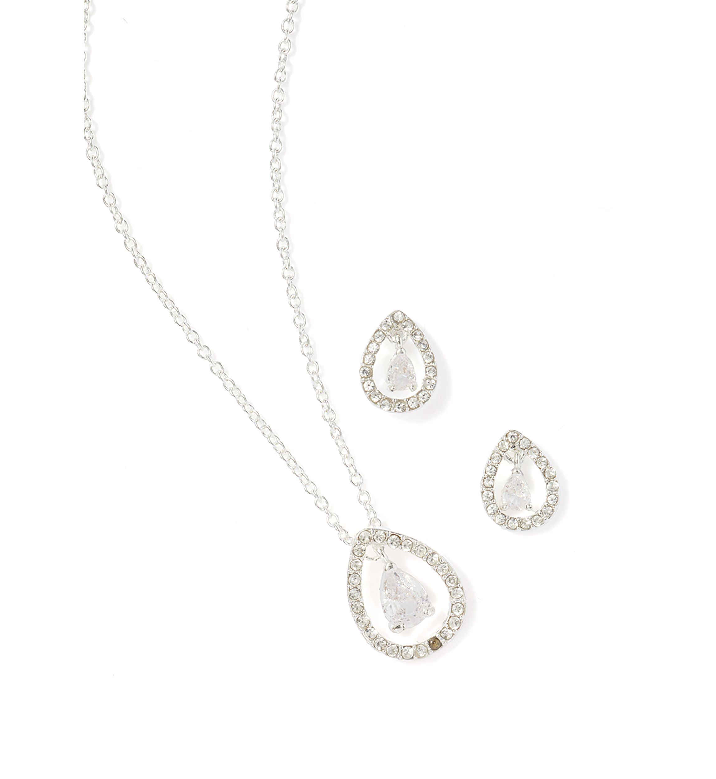 Silver Plated Oval Drop Pendant Necklace and Earrings Set