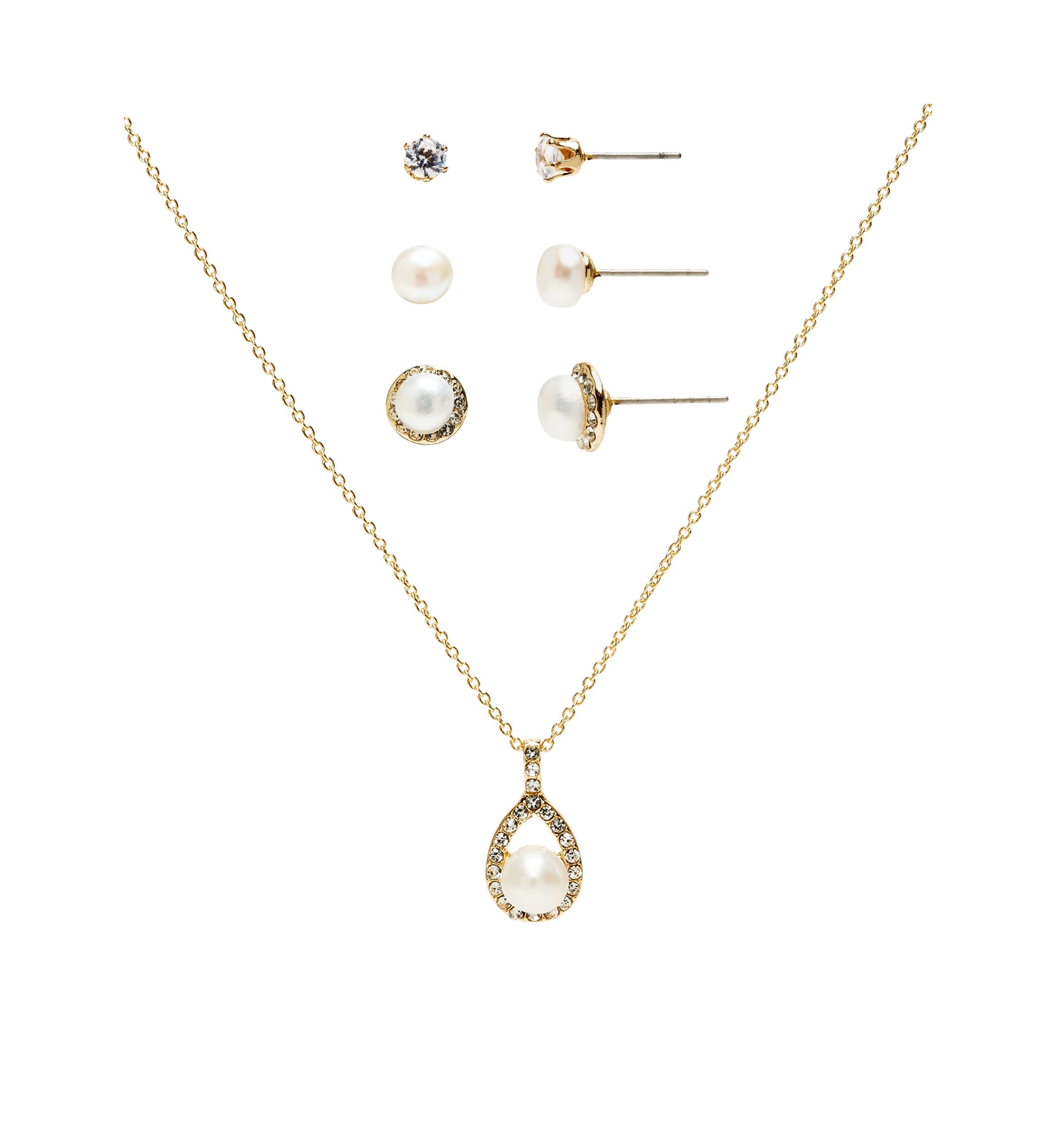 Gold Plated Pearl Pendant Necklace and Stud Set