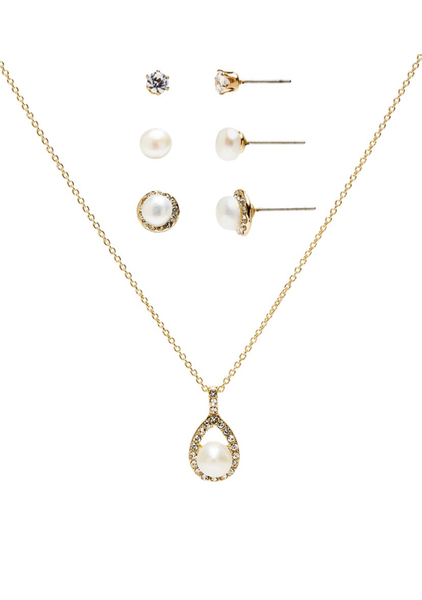 Gold Plated Pearl Pendant Necklace and Stud Set