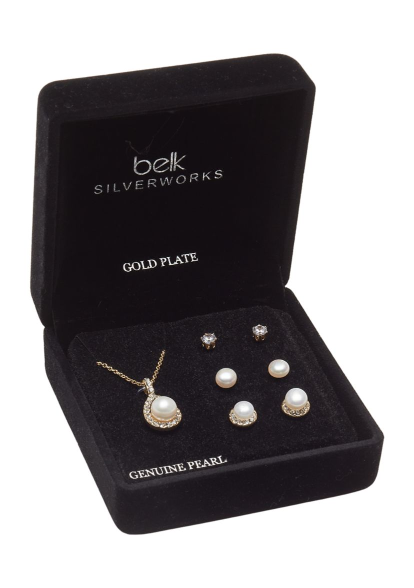 Gold Plated Pearl Pendant Necklace and Stud Set