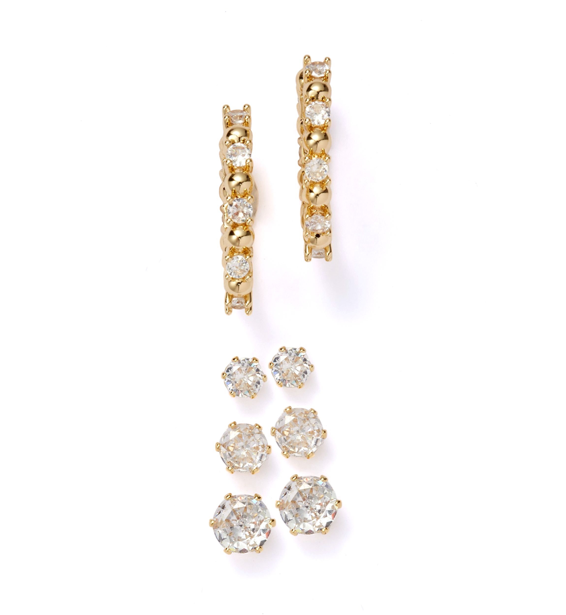 Gold Over Silver Plated Cubic Zirconia Hoop and Stud Earrings Set