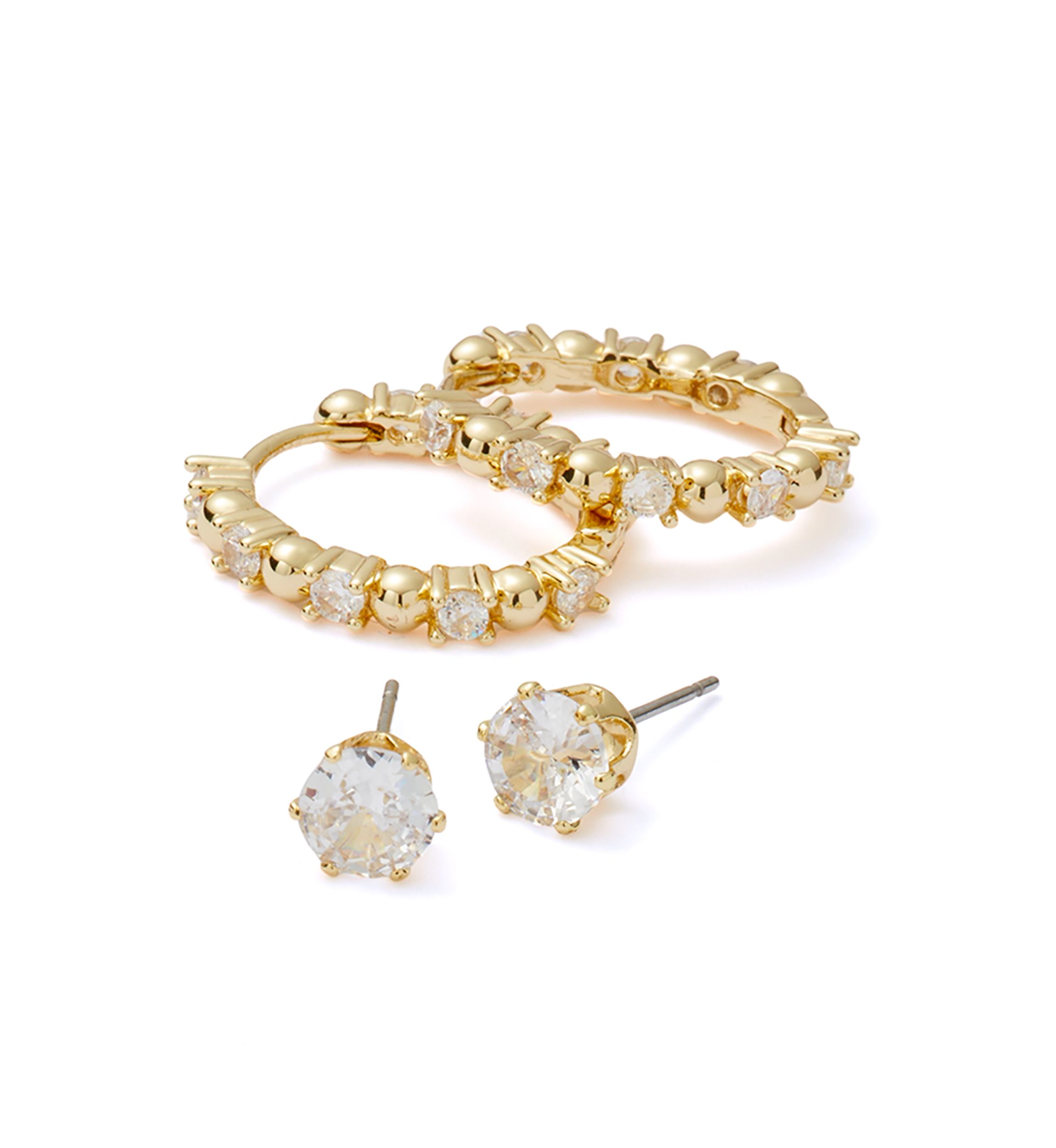 Gold Over Silver Plated Cubic Zirconia Hoop and Stud Earrings Set