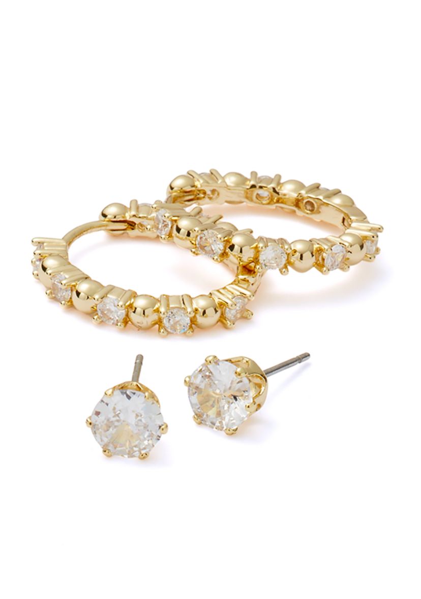 Gold Over Silver Plated Cubic Zirconia Hoop and Stud Earrings Set