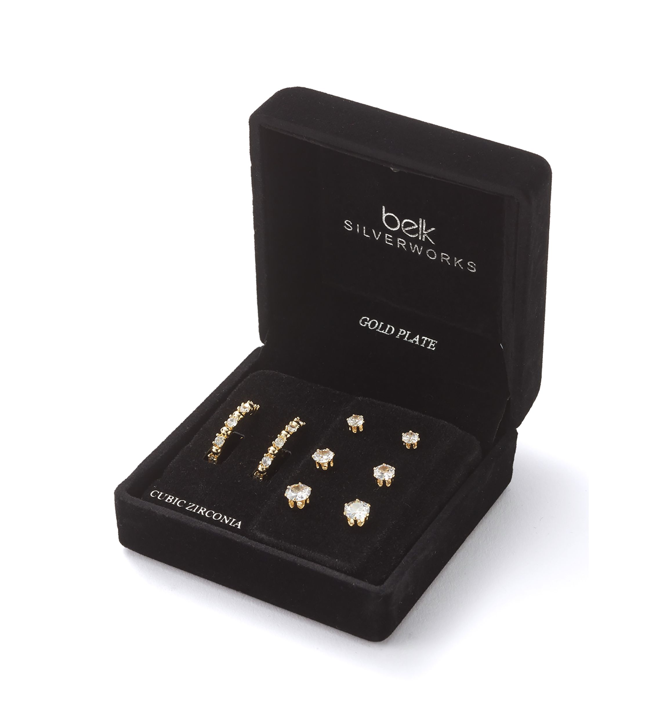 Gold Over Silver Plated Cubic Zirconia Hoop and Stud Earrings Set