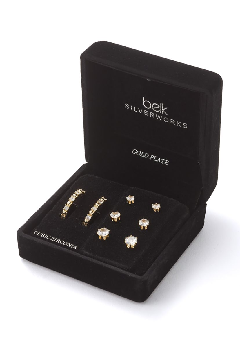 Gold Over Silver Plated Cubic Zirconia Hoop and Stud Earrings Set
