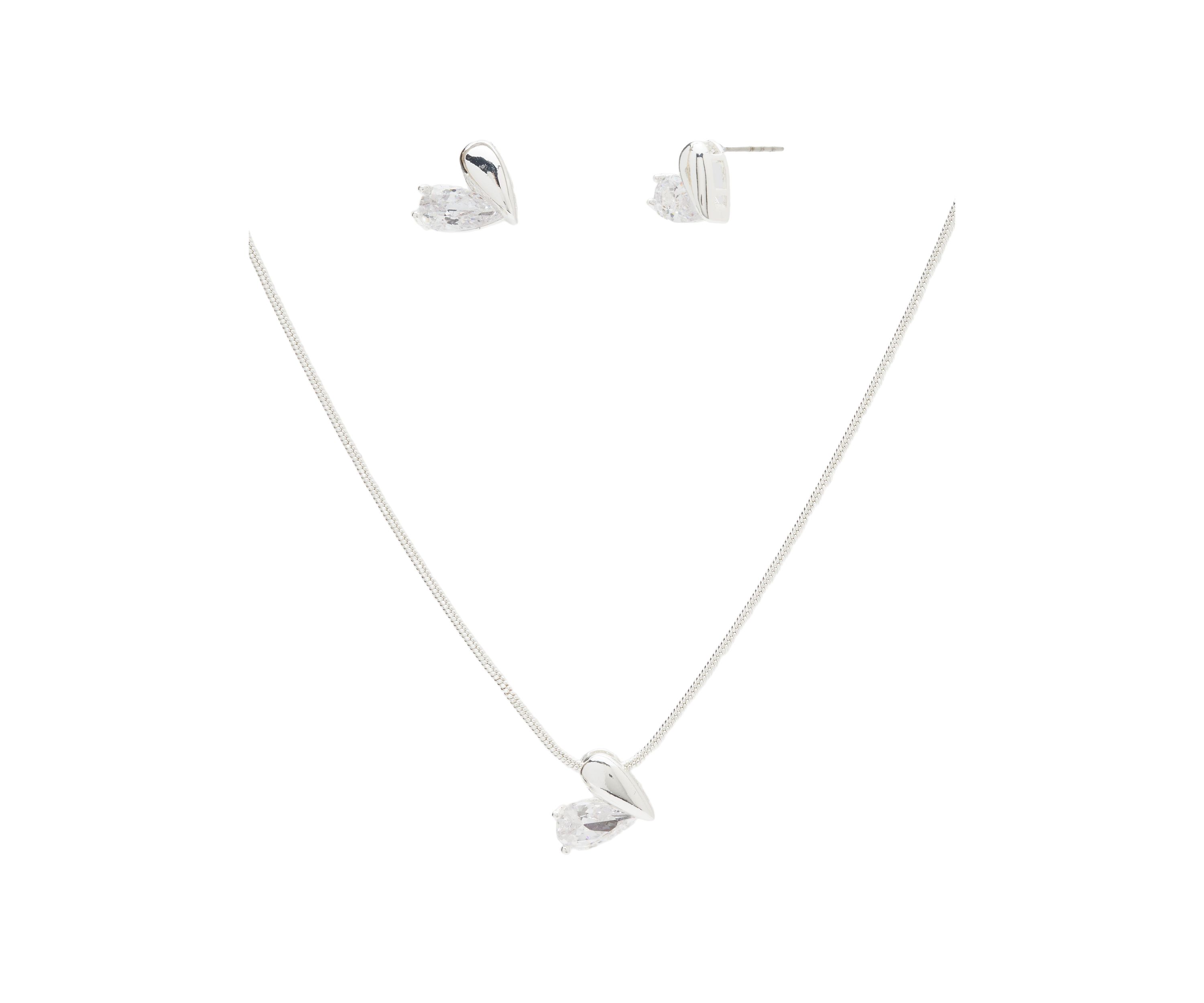 Silver Plated Half Cubic Zirconia Heart Necklace and Earring Set