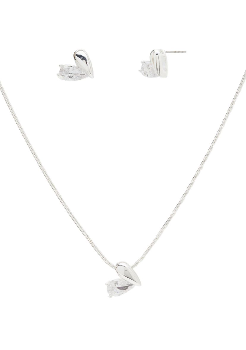 Silver Plated Half Cubic Zirconia Heart Necklace and Earring Set