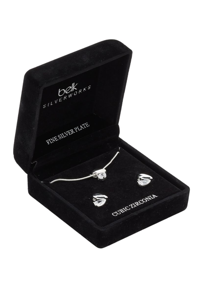 Silver Plated Half Cubic Zirconia Heart Necklace and Earring Set