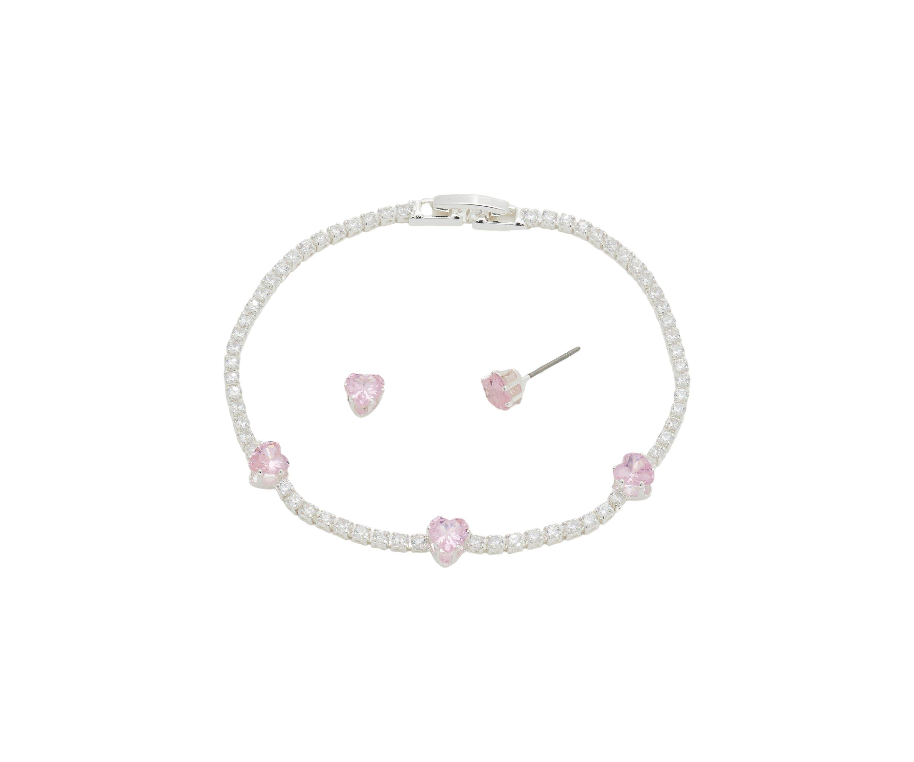 Silver Cubic Zirconia Pink Heart Tennis Bracelet and Earrings Set