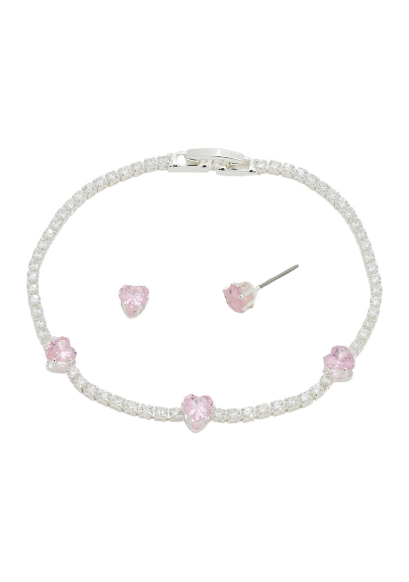 Silver Cubic Zirconia Pink Heart Tennis Bracelet and Earrings Set