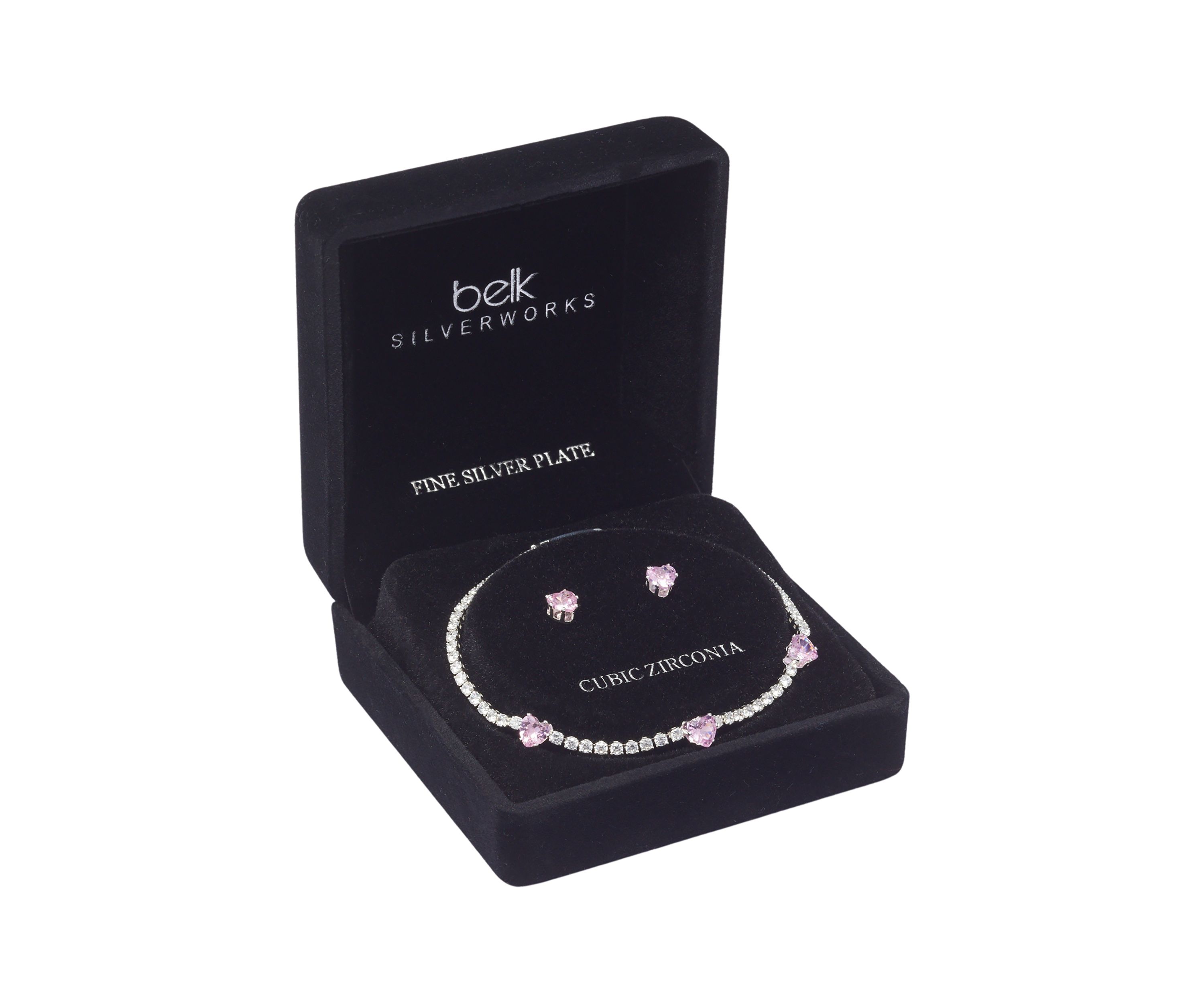 Silver Cubic Zirconia Pink Heart Tennis Bracelet and Earrings Set