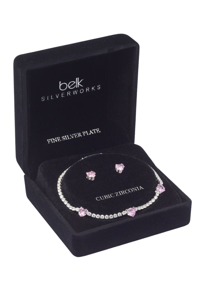 Silver Cubic Zirconia Pink Heart Tennis Bracelet and Earrings Set