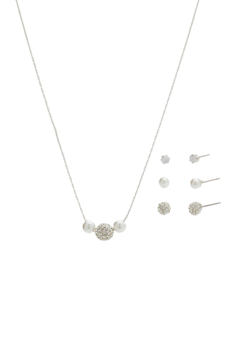 Cubic Zirconia Pearl Silver Necklace and Earrings Set