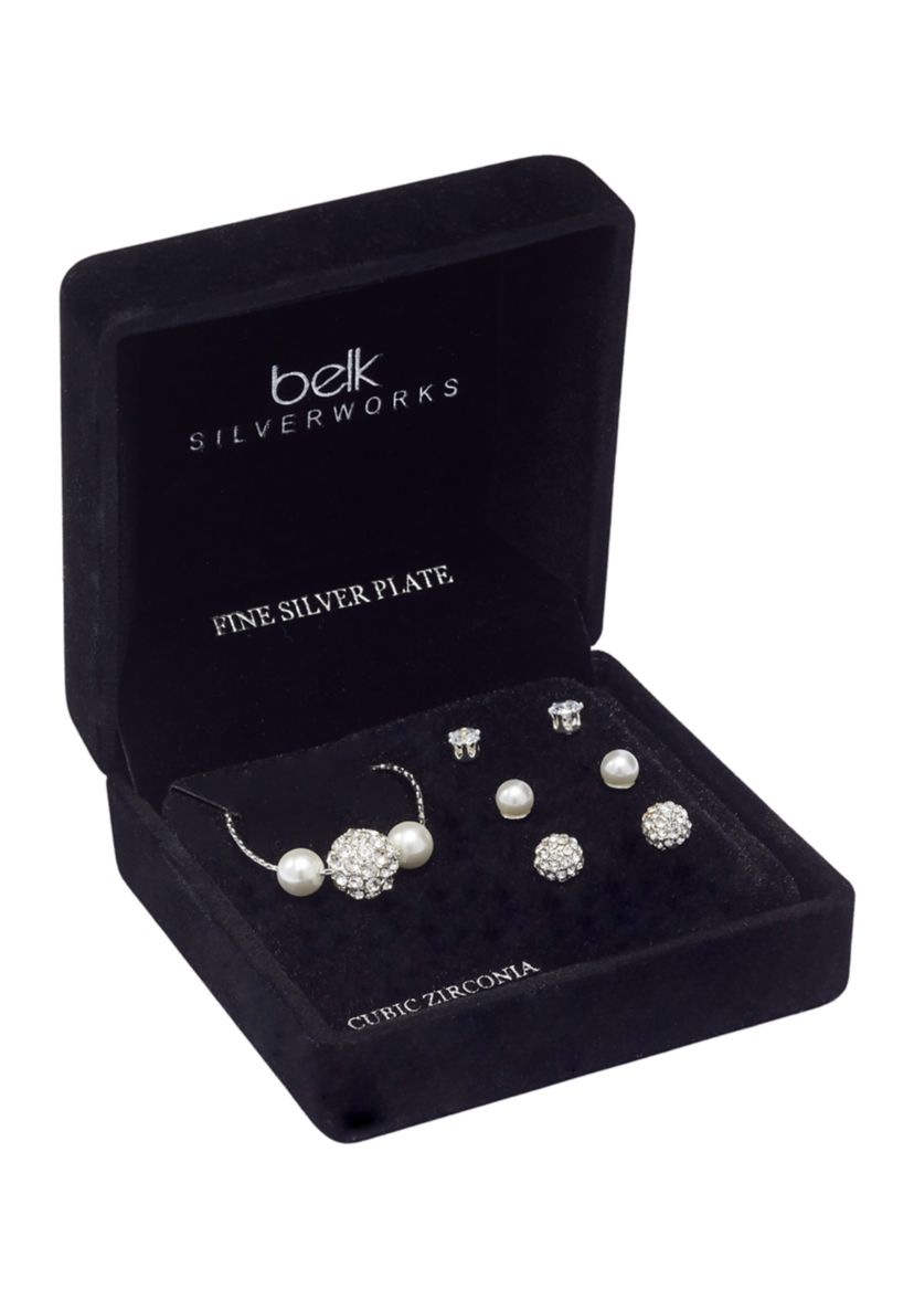 Cubic Zirconia Pearl Silver Necklace and Earrings Set