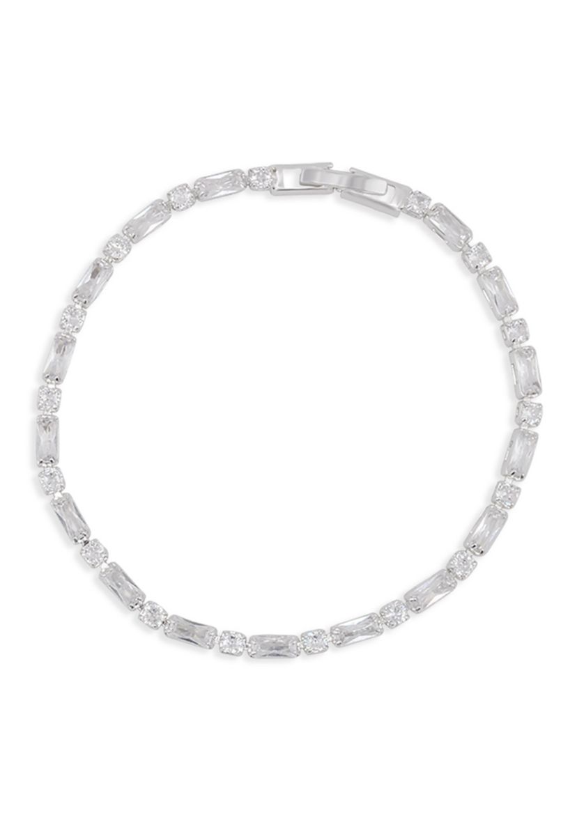 Silver Plated Round and Rectangle Cubic Zirconia Tennis Bracelet