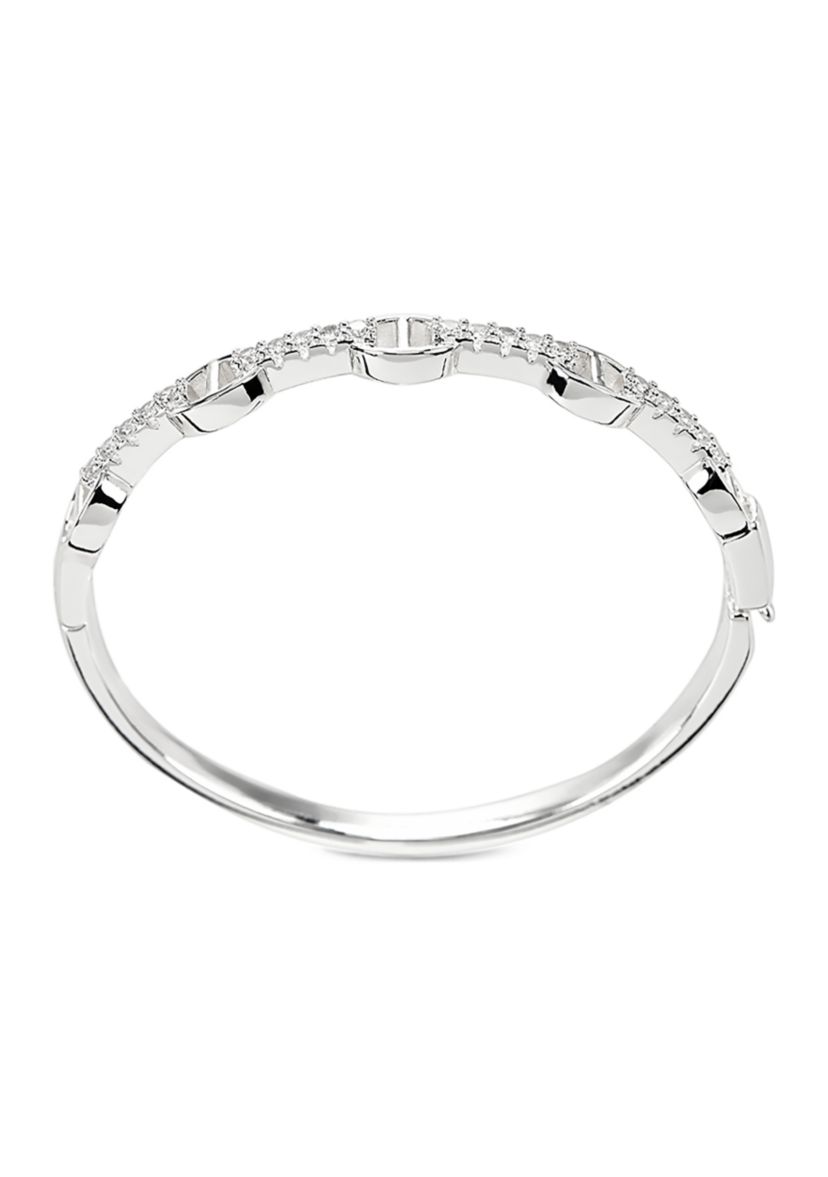 Silver Plated CZ Geometric Shapes Hinged Bangle Bracelet