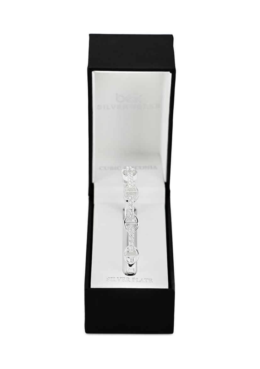 Silver Plated CZ Geometric Shapes Hinged Bangle Bracelet