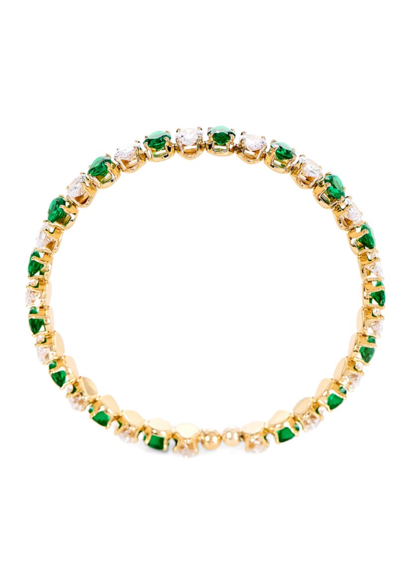 Gold-Plated Lab Grown Green & Clear Cubic Zirconia Flex Bangle