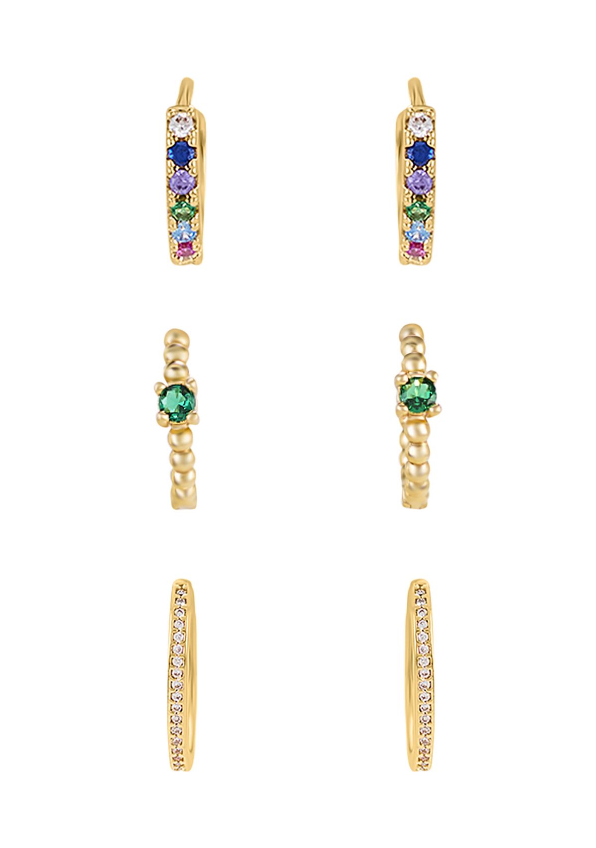 Gold Plated Emerald 3 Piece Hoop Earring Set