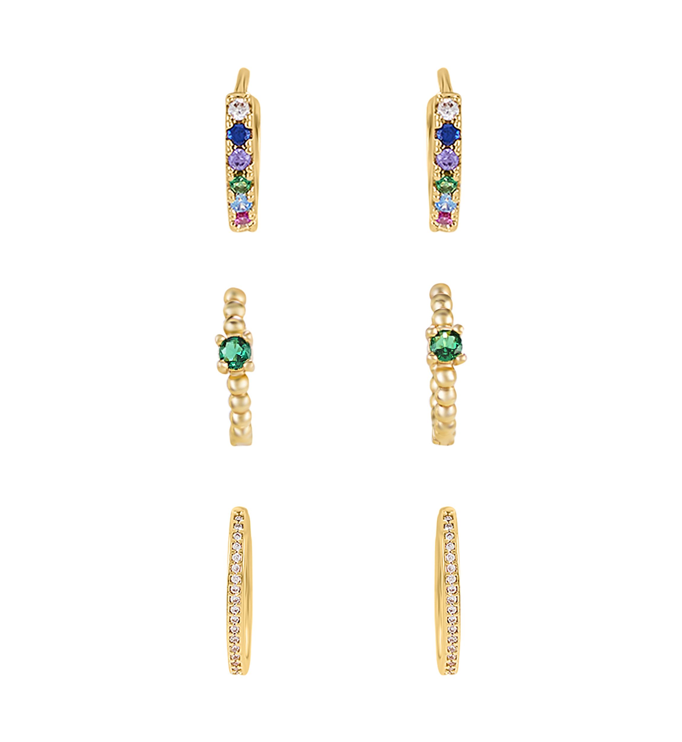 Gold Plated Emerald 3 Piece Hoop Earring Set