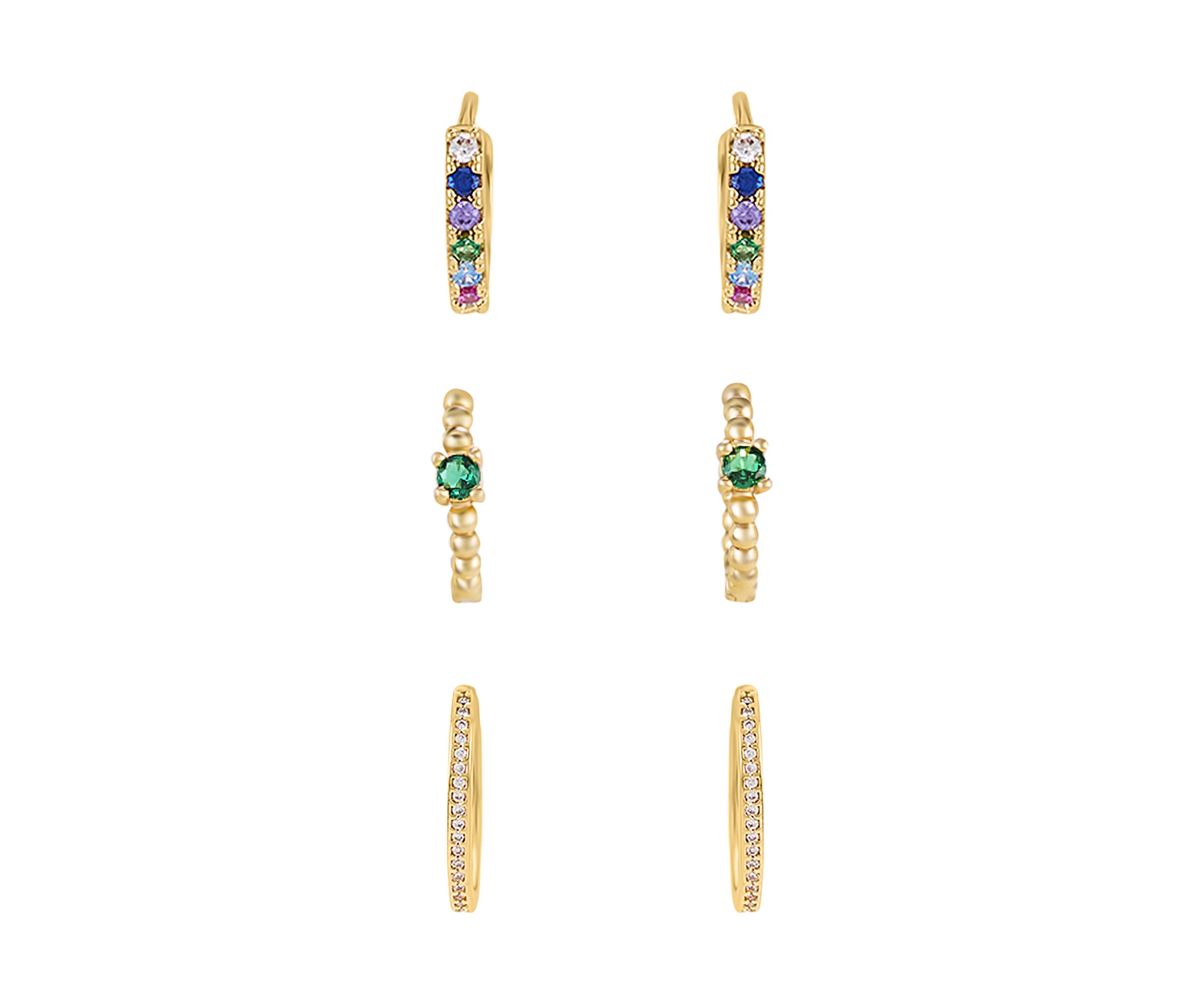 Gold Plated Emerald 3 Piece Hoop Earring Set