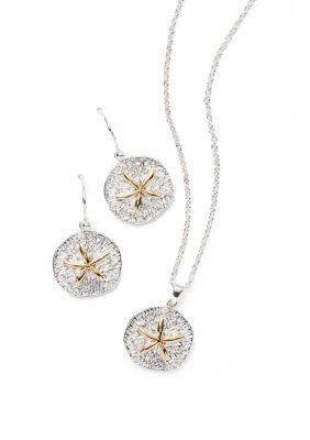 Belk Silverworks Two Tone Sand Dollar Necklace and Drop Earrings Set