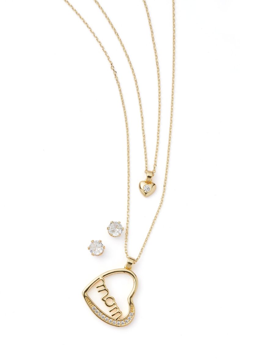 Gold Plated Mom Heart Pendant Necklace and Earrings Set