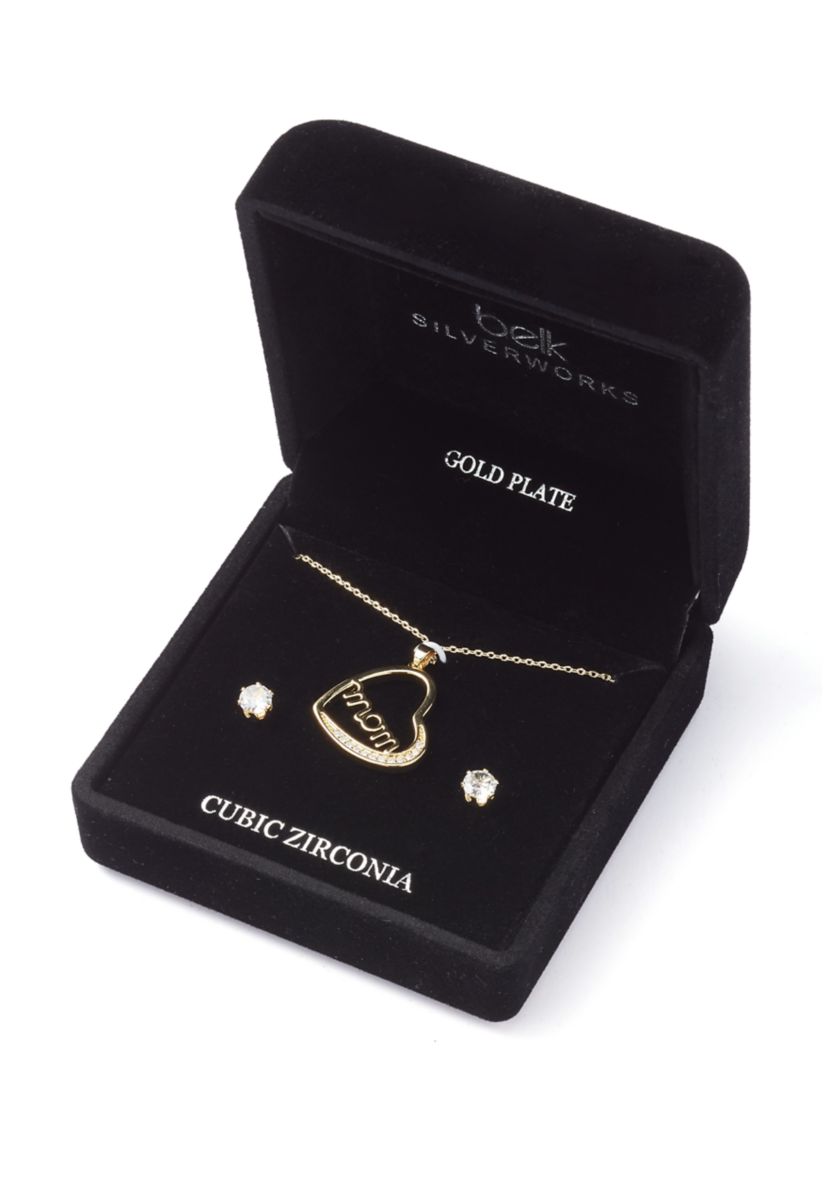 Gold Plated Mom Heart Pendant Necklace and Earrings Set