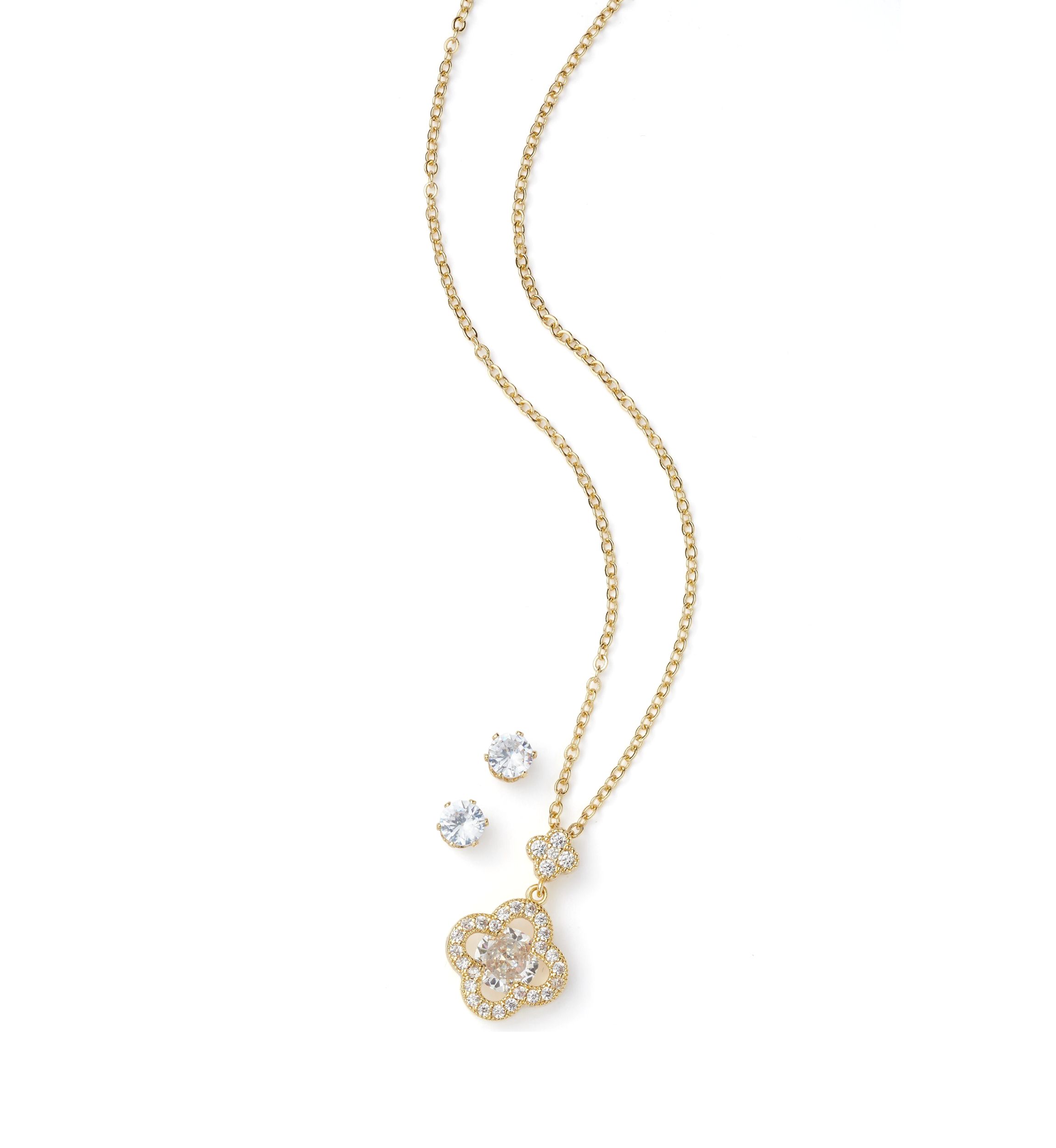 Gold Plated Cubic Zirconia Clover Pendant Necklace and Earrings Set
