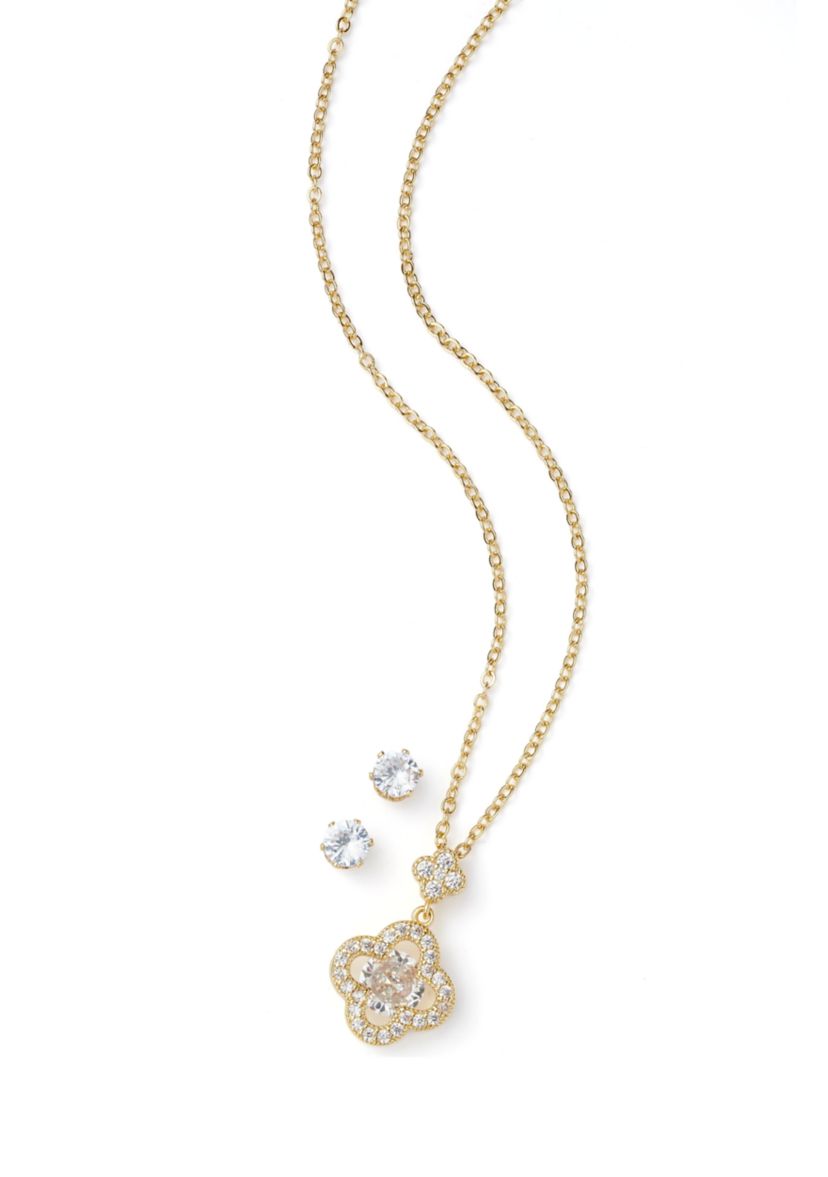 Gold Plated Cubic Zirconia Clover Pendant Necklace and Earrings Set
