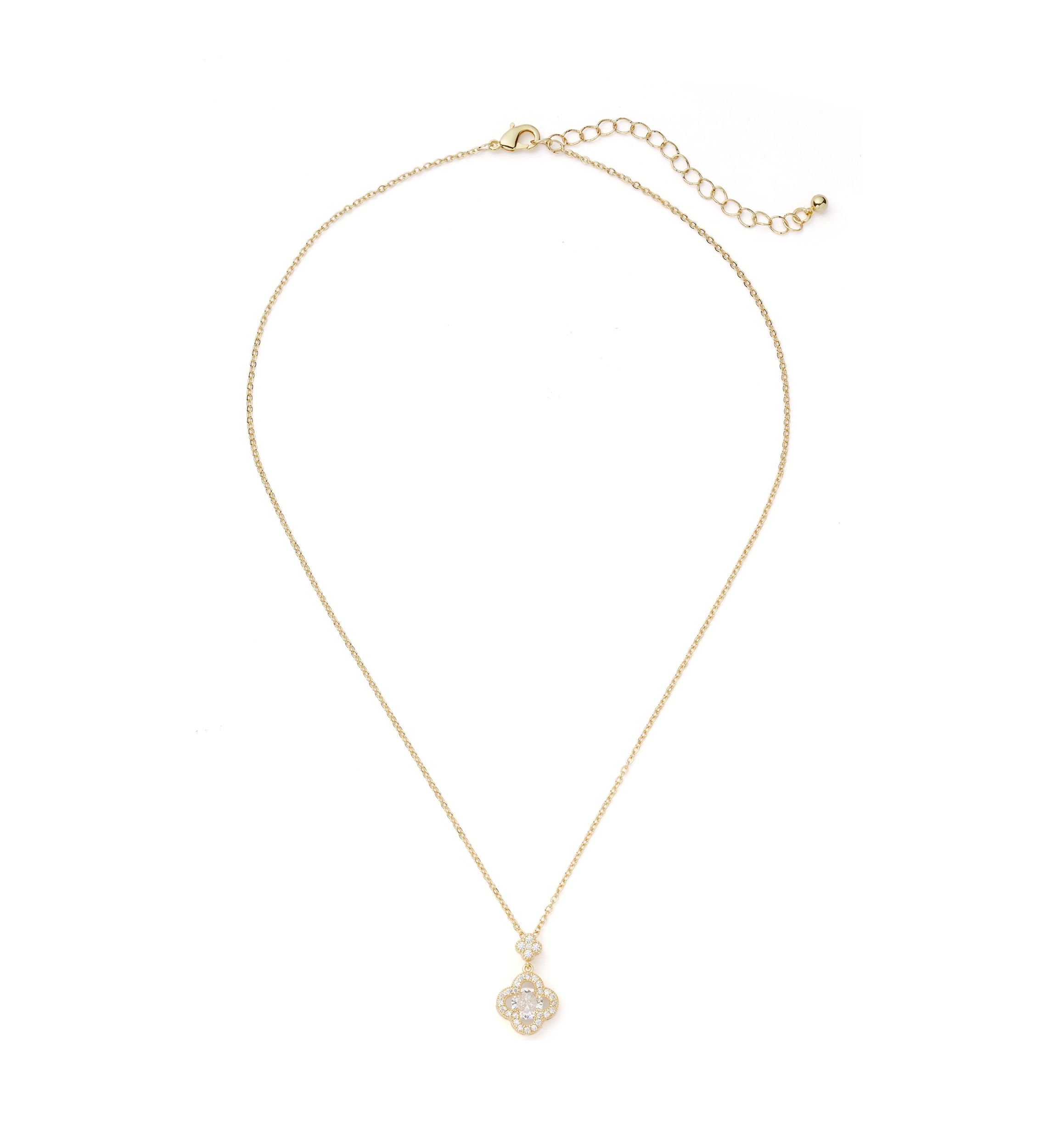 Gold Plated Cubic Zirconia Clover Pendant Necklace and Earrings Set
