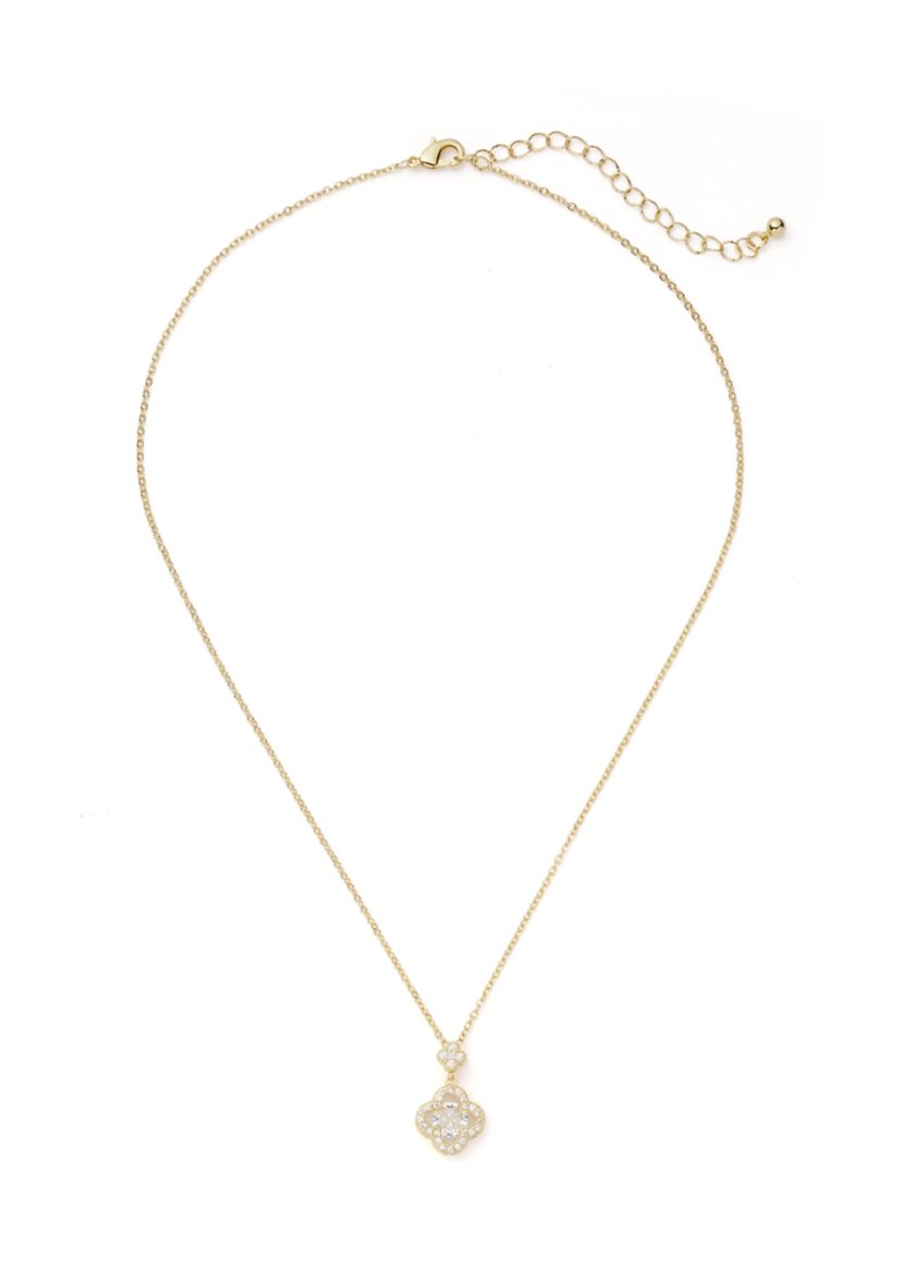 Gold Plated Cubic Zirconia Clover Pendant Necklace and Earrings Set