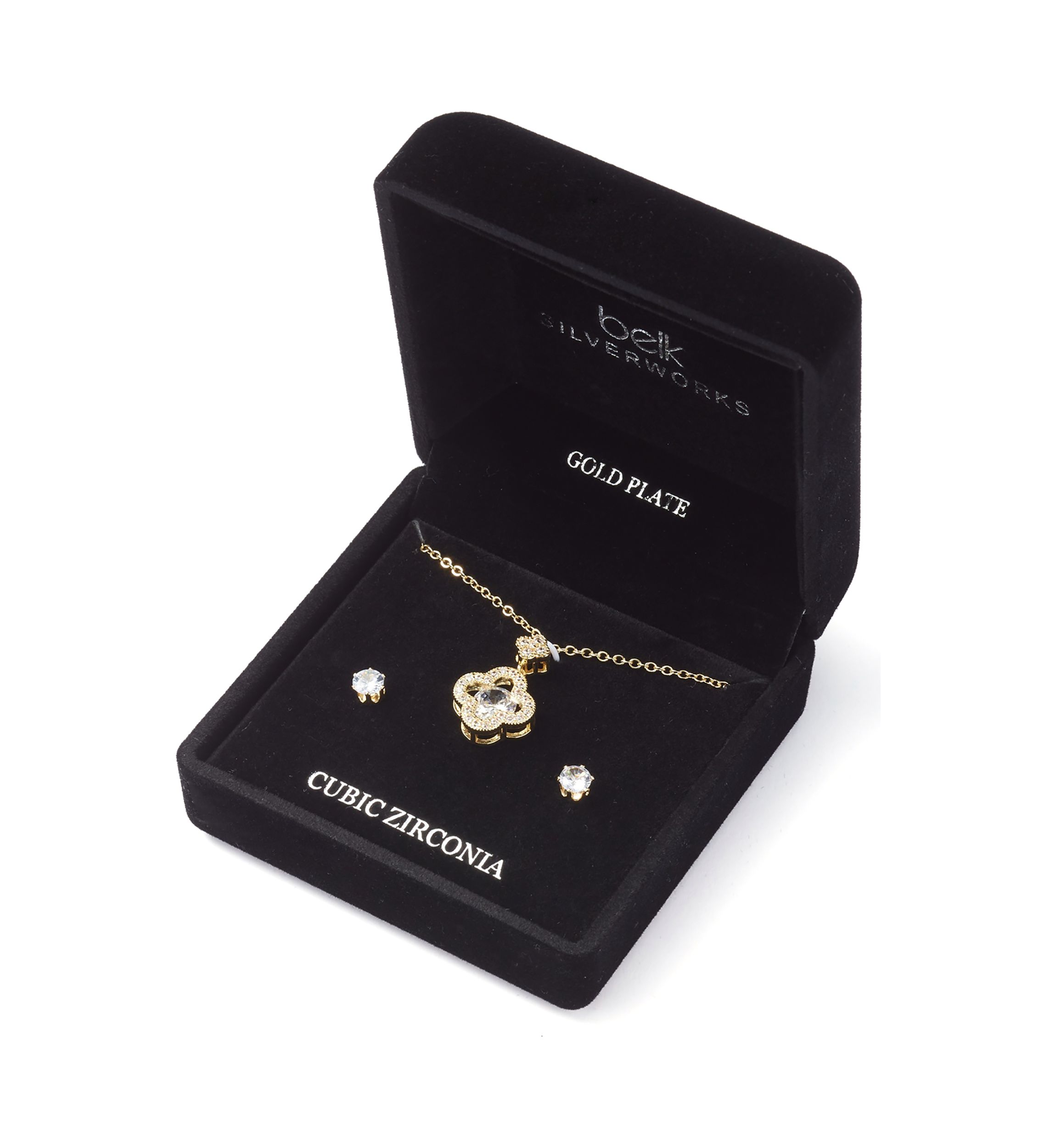 Gold Plated Cubic Zirconia Clover Pendant Necklace and Earrings Set