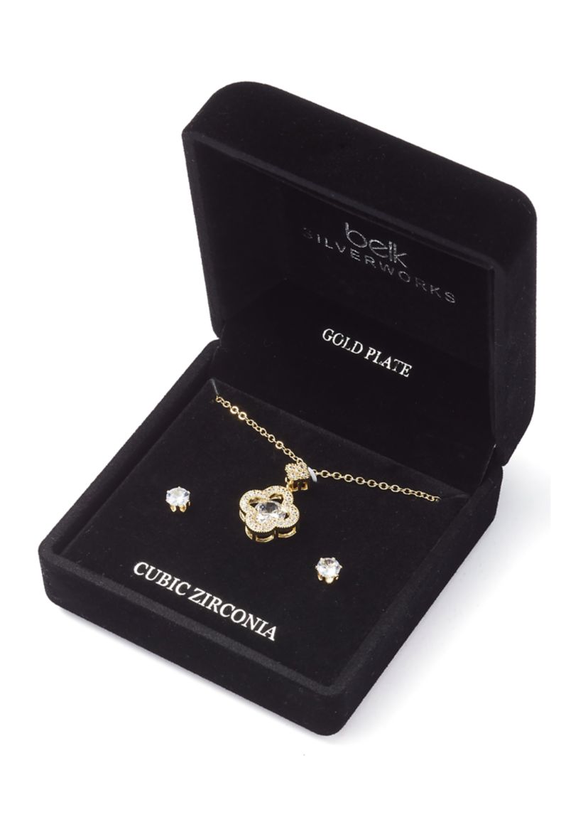 Gold Plated Cubic Zirconia Clover Pendant Necklace and Earrings Set