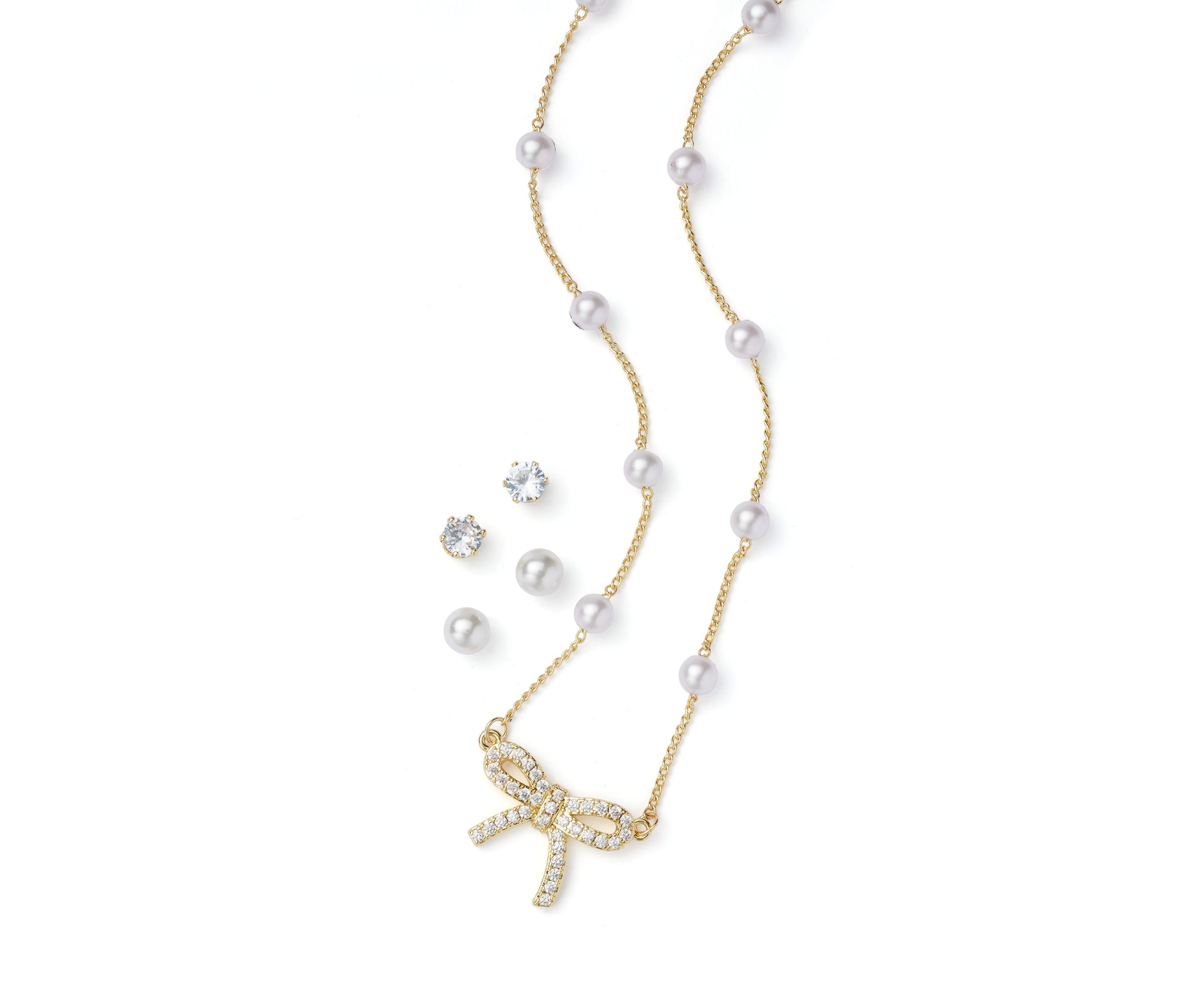 Gold Plated Pearl Cubic Zirconia Station Bow Pendant Necklace and Earrings Set