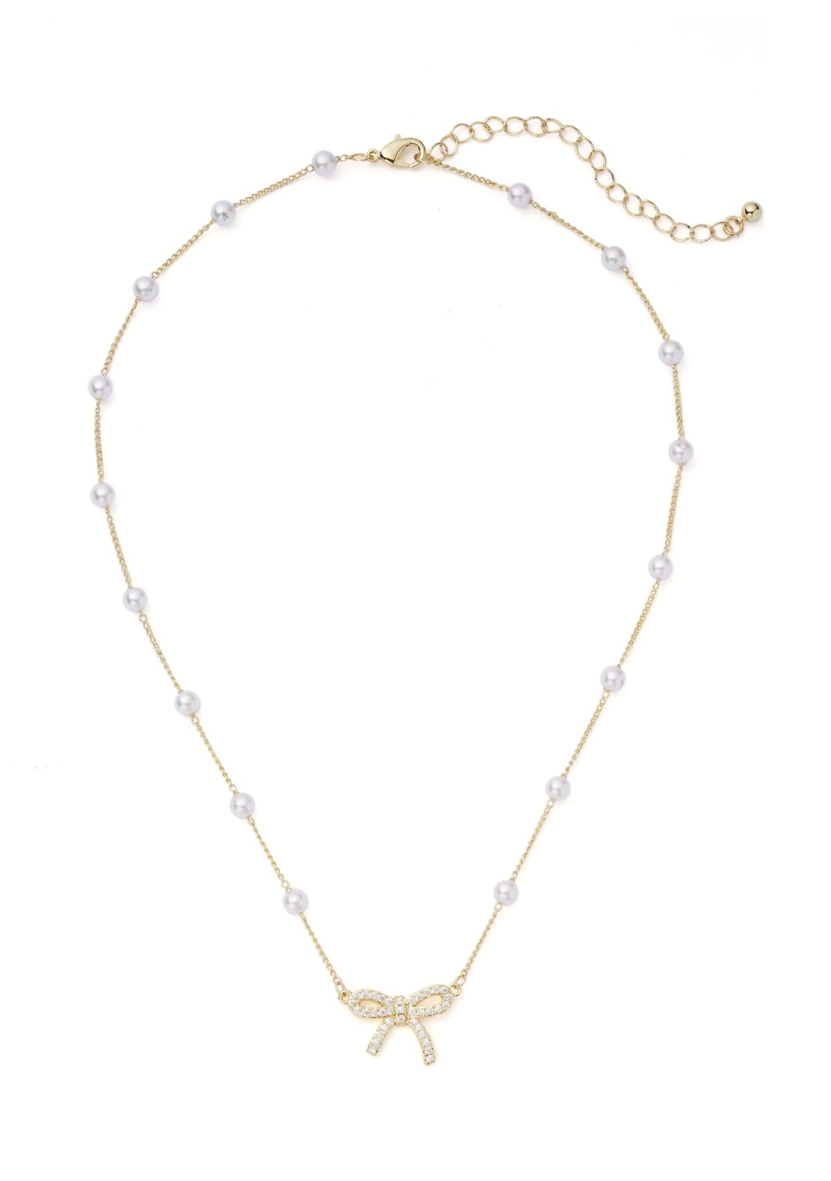 Gold Plated Pearl Cubic Zirconia Station Bow Pendant Necklace and Earrings Set