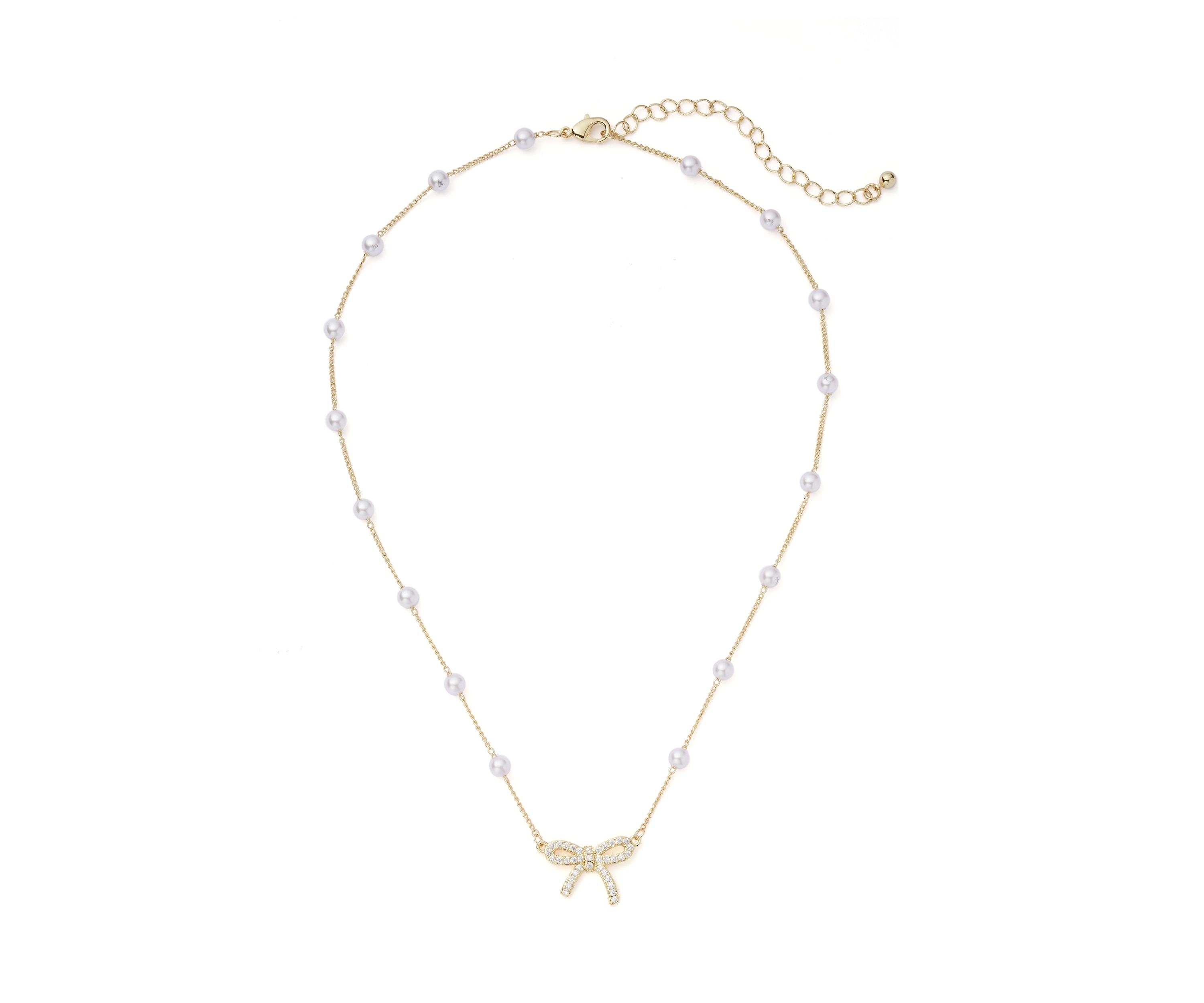 Gold Plated Pearl Cubic Zirconia Station Bow Pendant Necklace and Earrings Set