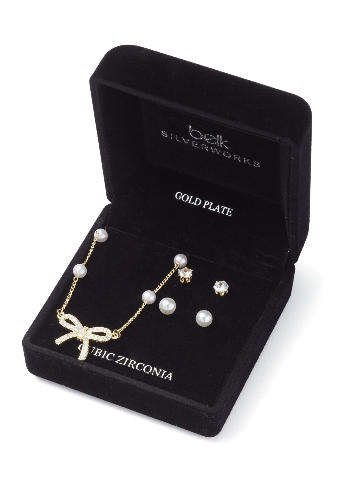 Gold Plated Pearl Cubic Zirconia Station Bow Pendant Necklace and Earrings Set
