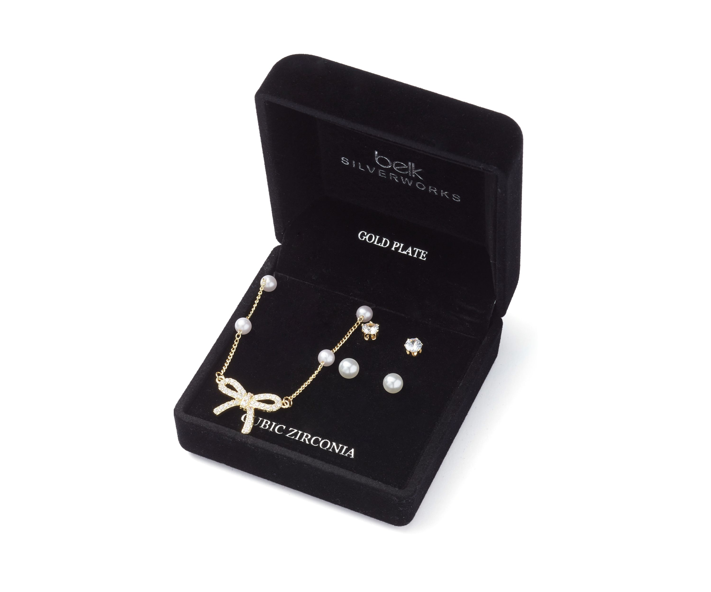 Gold Plated Pearl Cubic Zirconia Station Bow Pendant Necklace and Earrings Set