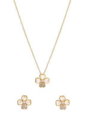 Belk Silverworks Lab Grown Gold Plated Cubic Zirconia and Mother of Pearl Clover Pendant and Earrings Set
