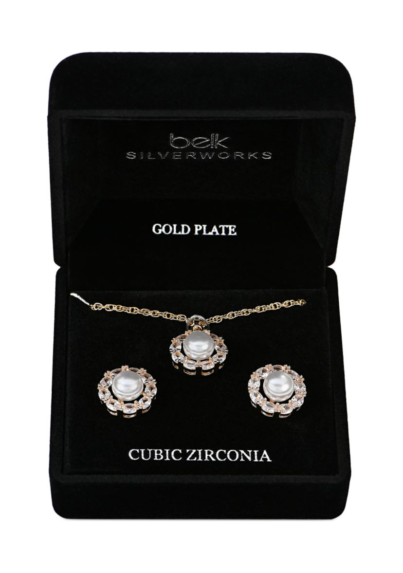 Lab Grown Gold Plated Gold Pearl Necklace and Earrings Set